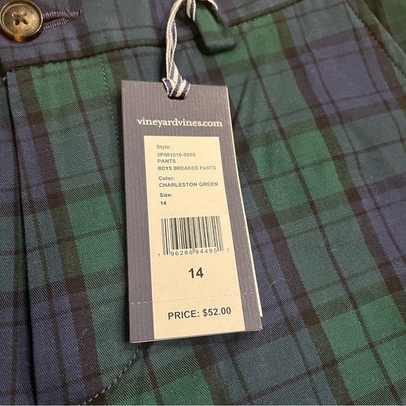 NWT Vineyard Vines Boys Breaker Pants Charleston Green Plaid Size 14 - Picture 6 of 6